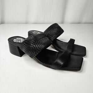 Vince Camuto Shamira Black Leather Woven Block Heel Sandals Womens 7.5M MSRP $99